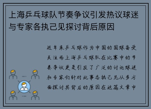 上海乒乓球队节奏争议引发热议球迷与专家各执己见探讨背后原因