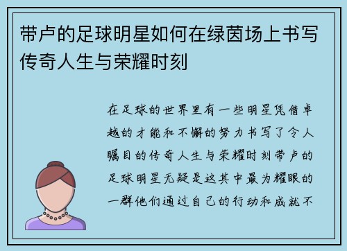 带卢的足球明星如何在绿茵场上书写传奇人生与荣耀时刻