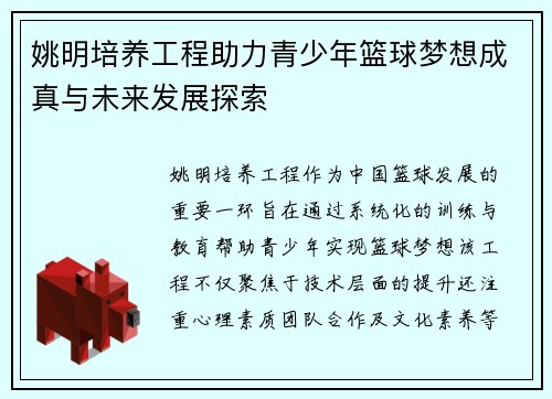 姚明培养工程助力青少年篮球梦想成真与未来发展探索